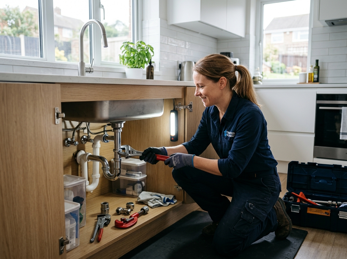 Licensed plumber working under residential sink in a Washington home