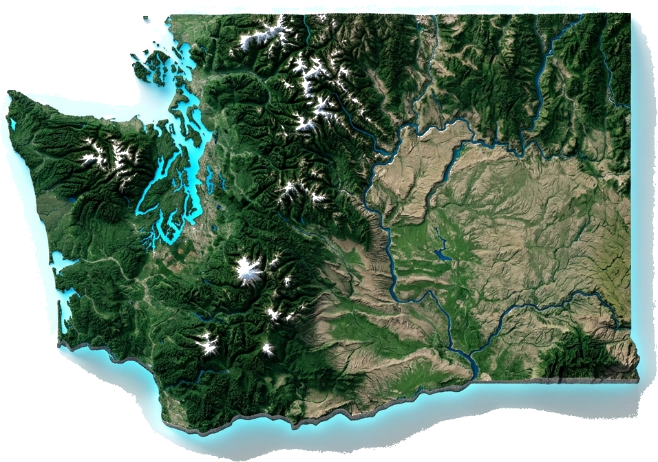 3D Topographic Relief Map of Washington State with Mount Rainier, Puget Sound, and Cascade Range